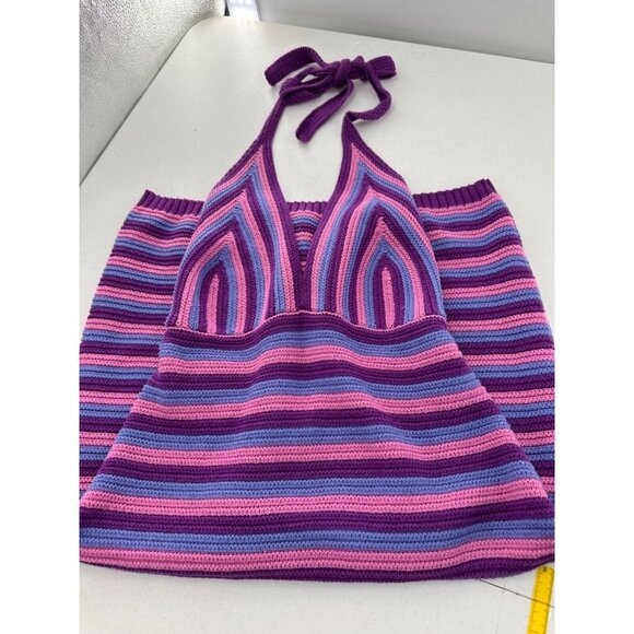 Wild Fable Striped Knit Halter Dress V-Neck Open Back Crochet Boho Rainbow Retro - Picture 14 of 14